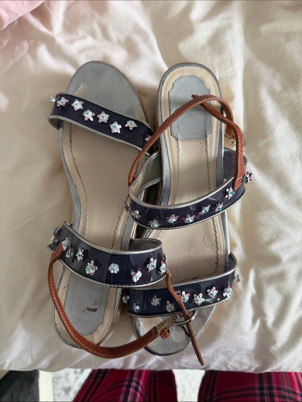 Dior Navy Floral Crystal Strap Sandals with Brown Ankle Straps